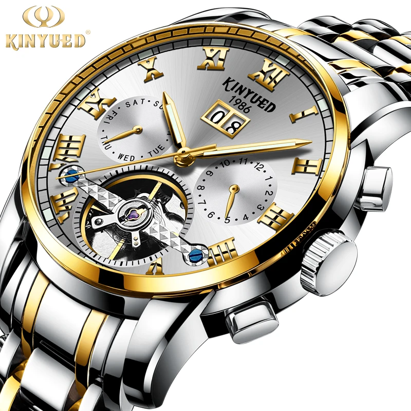 

KINYUED Business Men Mechanical Wristwatch High Quality Stainless Steel Strap Luminous Automatic Watch Gold relojes hombre 2021