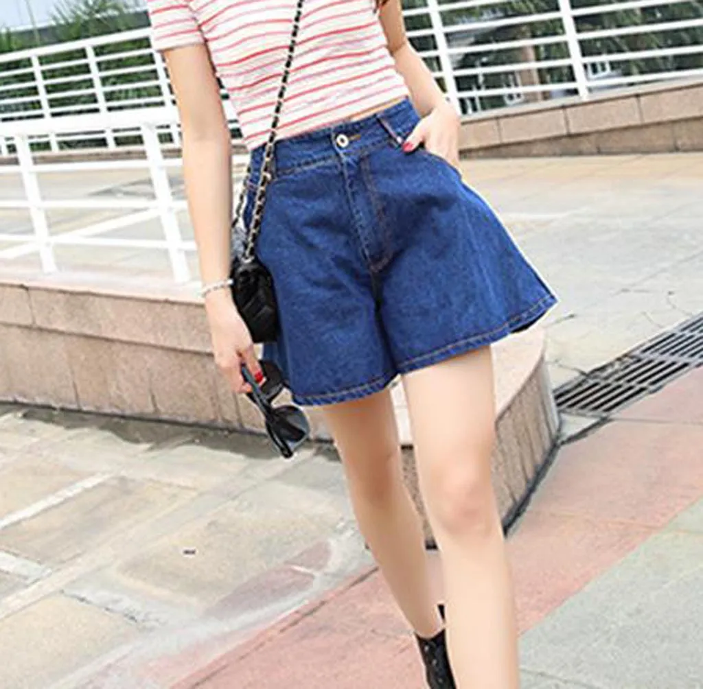 Women\'s Denim Shorts Classic Vintage High Waist Blue Wide Leg Female Ladies Shorts Jeans