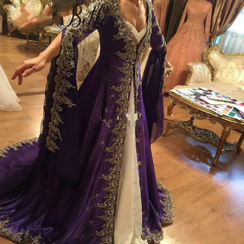 Purple Muslim Evening Dress Long Sleeve Dubai Arabic Prom Gown Indian Turkey Kaftan Lace Women vestidos largos robe soiree 2019