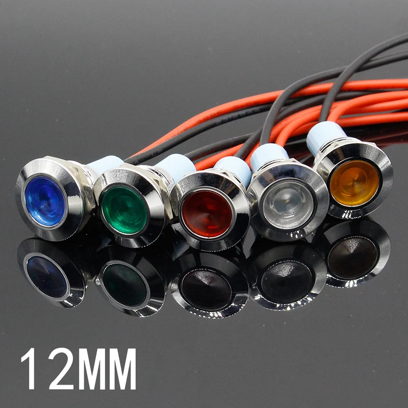 12mm Waterproof Metal Flat Round Indicat Signal lamp LIGHT 3V 6V 12V 24V 220V with wire red yellow blue green