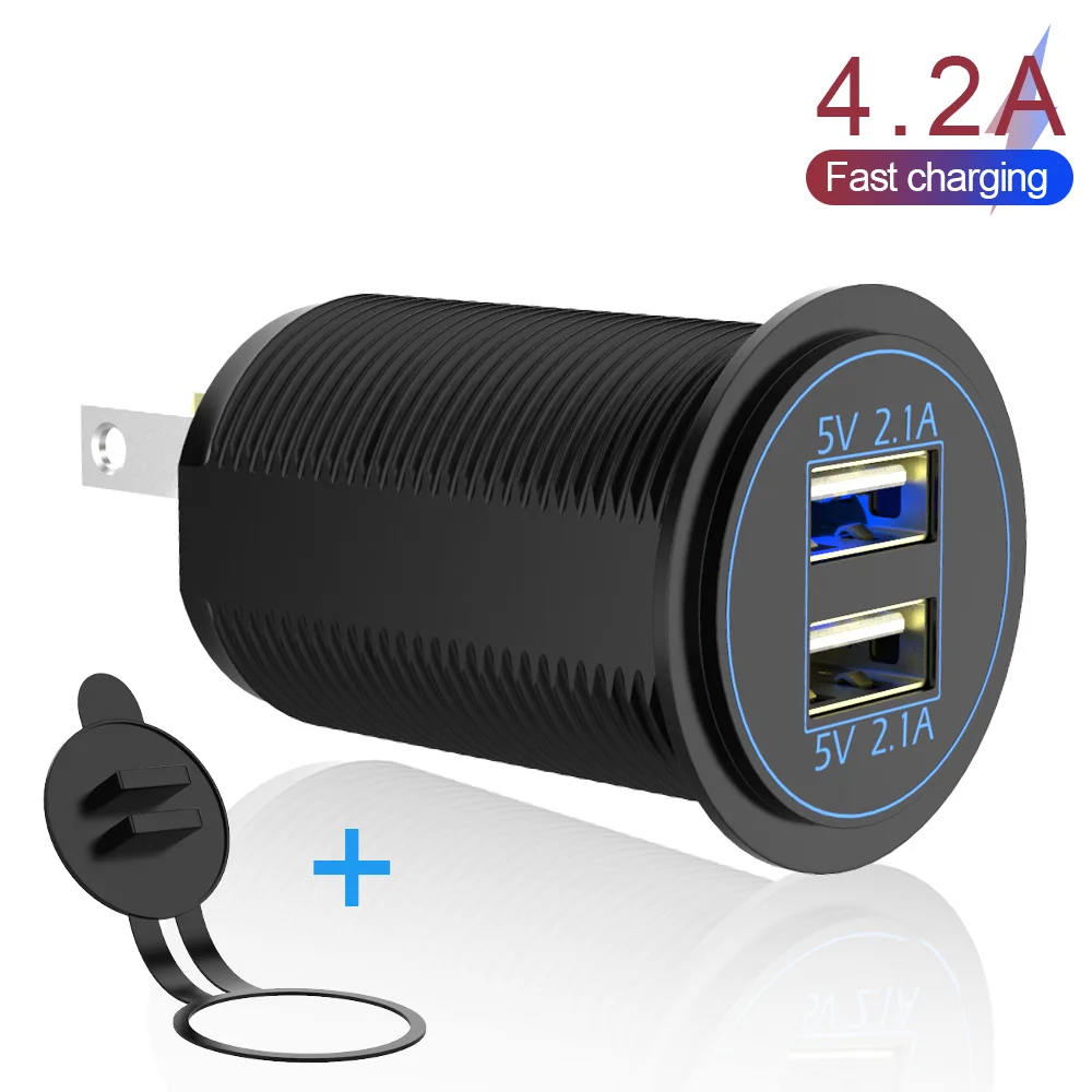 For Auto Marine Motorcycle Truck Dual USB Charger LED Blue Light 12-24V 2 Port USB Socket  5V 4.2A output Power Adapter