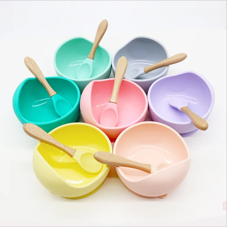 

10 Sets Baby Tableware Set, Baby Food Supplement Bowl + Wooden Handle Spoon non-slip Suction Cup Bowl, Food Grade Silicone Bowl