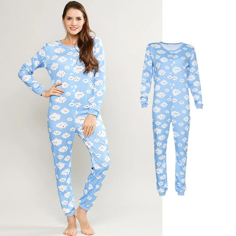 Cute Women Blue Flaky Clouds Pajama Kigurumi Casual Long Sleeve Keep Warm Soft Jumpsuit Pajama Autumn New Round Neck Homewear