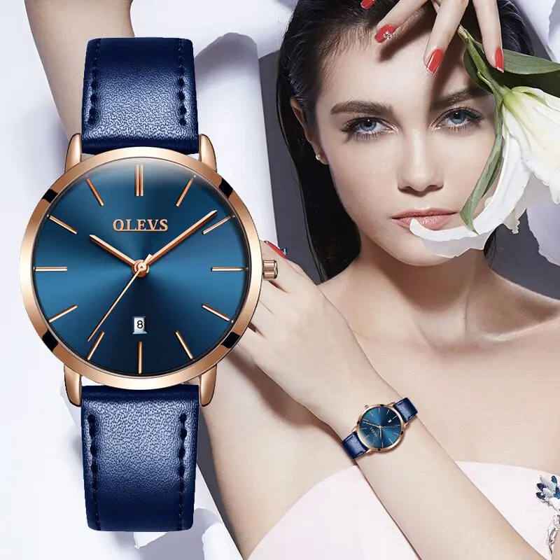 OLEVS Casual Quartz Watch for Women 6.5mm Ultra-thin Dial Gold Blue Leather Strap Fashion Luxury Brand Women\'s Wristwatches