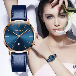 OLEVS, reloj para mujer, relojes de cuero informales rojos para mujer, relojes de pulsera de cuarzo de lujo para mujer, reloj de marca, superficie ultrafina 6,5 MM5869