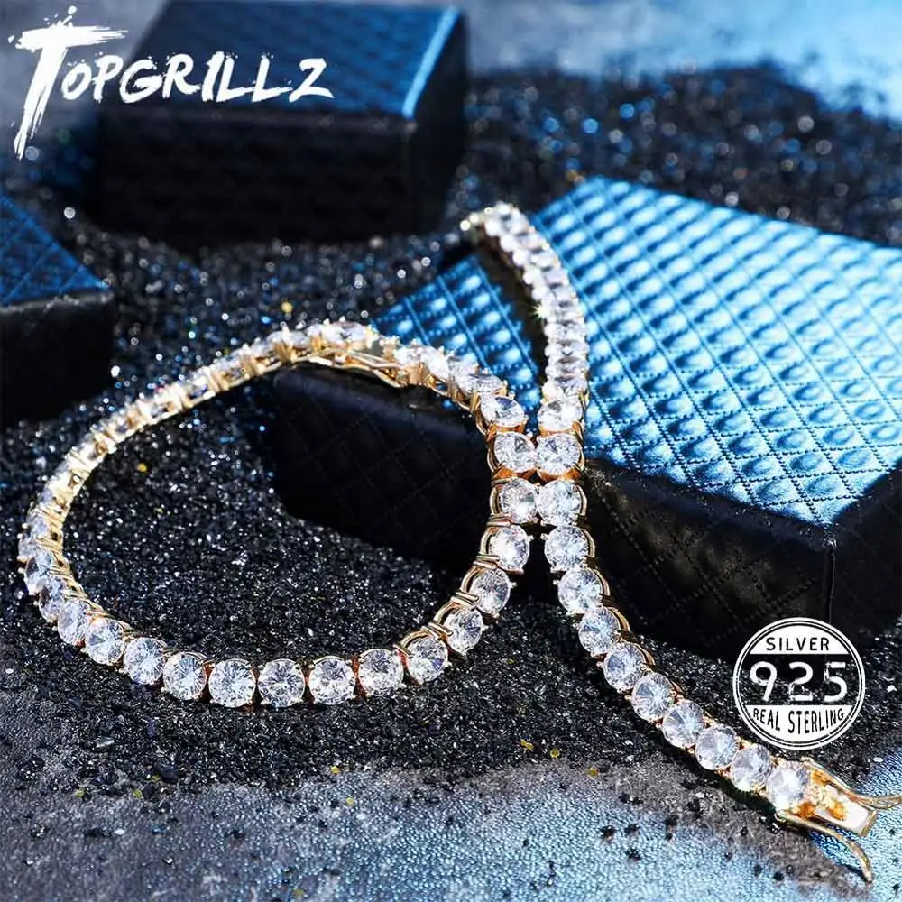 TOPGRILLZ Iced Zircon 3-6MM Tennis Chain Men's Hip hop Jewelry 925 Sterling Silver Gold Lobster Clasp CZ Bracelet Link 7 8 inch