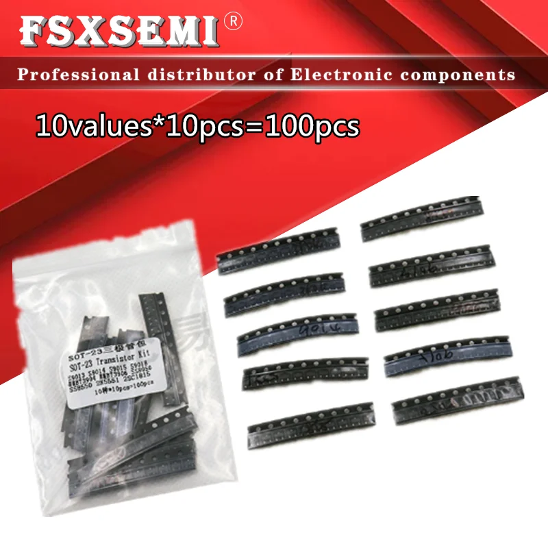 10values x10pcs=100pcs SOT-23 SMD transistor KIT S9013 S9014 S9015 S9018 MMBT3904 MMBT3906 SS8050 SS8550 2N5551 2SC1815 sot23