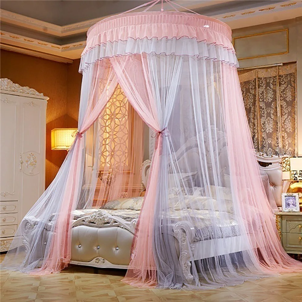 Bed Canopy Hung Mosquito-proof Net Round Top Princess Bed Tent Curtain Foldable Canopy On The Bed Elegant Fairy Lace Dossels