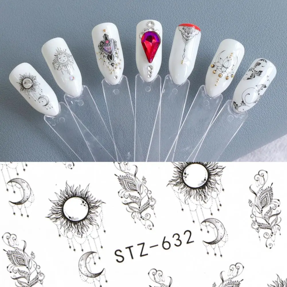 Black Lines Flower Leaves Water Decals Stickers Floral Face Marble Pattern Slider For Nails Summer Nail Art Decoration