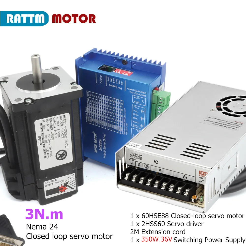 Closed loop Servo Motor kit Nema 24 5A 2-Phase 3N.m & 2HSS60 Hybrid Step-servo Driver with 350W 36V Switching Power Supply