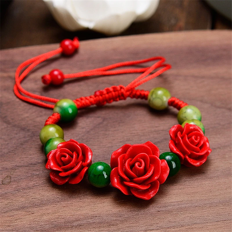 Fashion Women Rose Bracelet Ethnic Handicraft Lacquer Carved Cinnabar Rose Flower Bracelet For Women Red Rope Beaded Bracelet