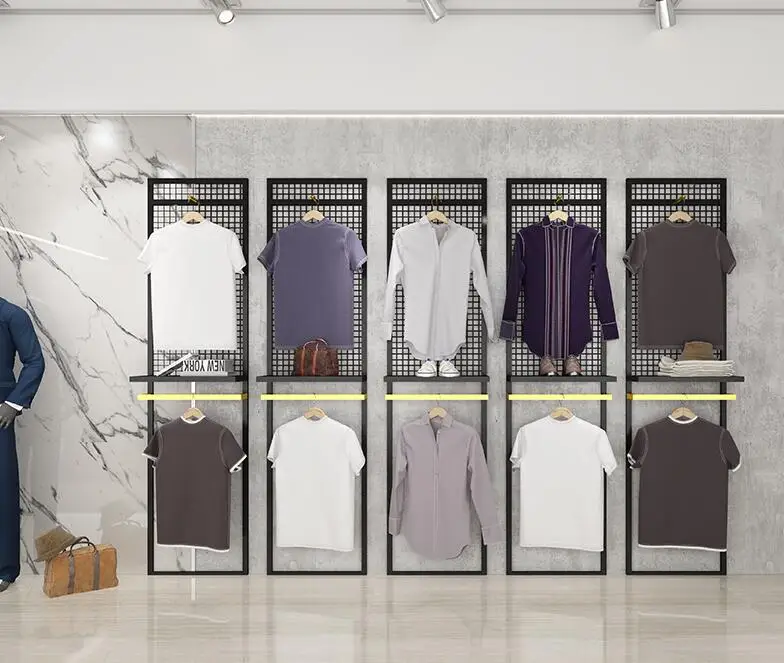 Clothing store background board display rack men's specialty store grid board shelf floor-standing hanger against the wall