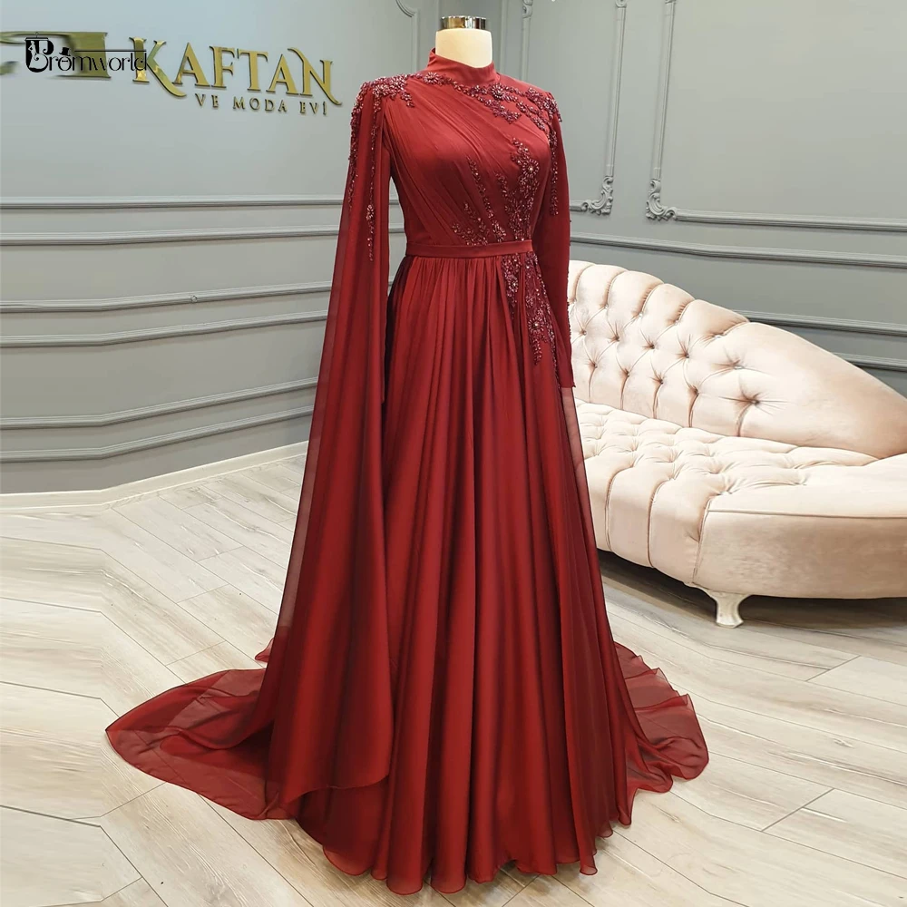 

Dubai Arabic Prom Dressss Long Sleeves Formal Dress Bead Flowers Chiffon Burgundy Muslim Evening Gowns Abiye Gece Elbisesi