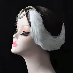 Swan Lake Ballet White Hair Feather Headband With Diamond Rhinestone,Princess Black Headdress Ballerina Ballet Feather Headpiece