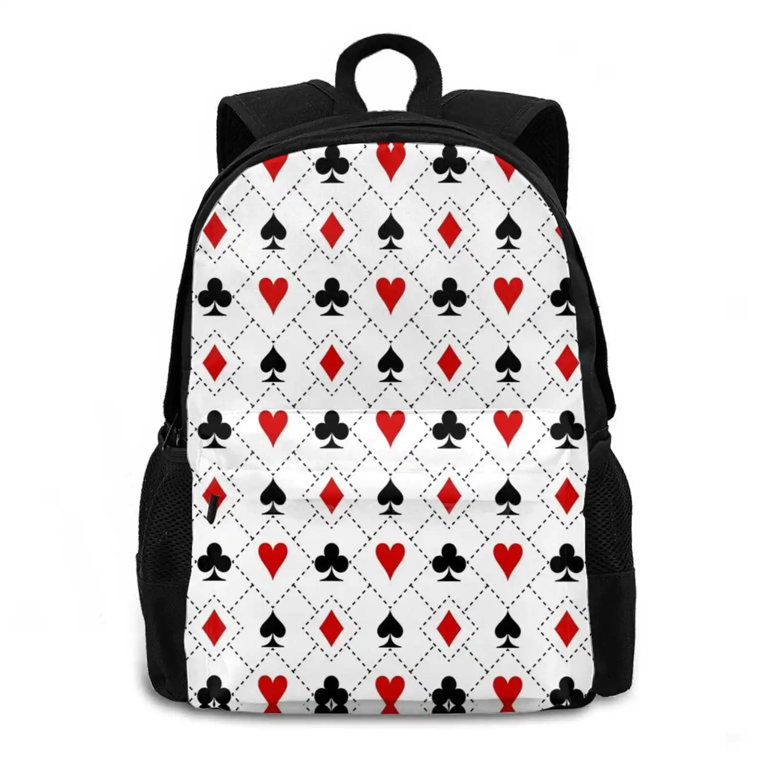 Playing Cards Suit Pattern Women Men Teens Laptop Travel School Bags Playing Suit Poker Heart Diamond Shapes Spade Club Black