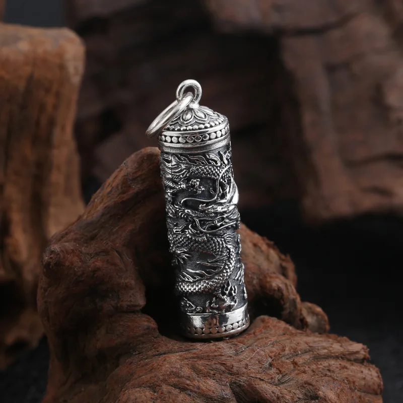 S925 Sterling Silver Vintage Thai Silver Ancient Tube Jewelry Engrave Dragon Design Men Memorial Pendant Holder Ash Urn Necklace