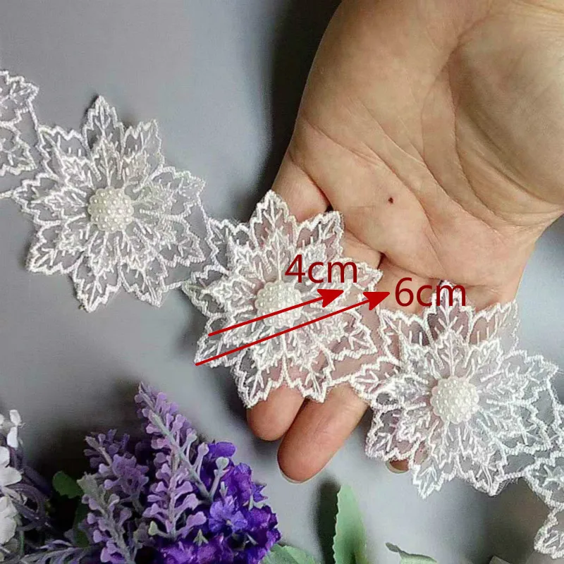 2 yards White Pearl Flower Leaf Handmade Beaded ricamato pizzo Trim Ribbon Applique abito da sposa cucito artigianale 6X6 cm