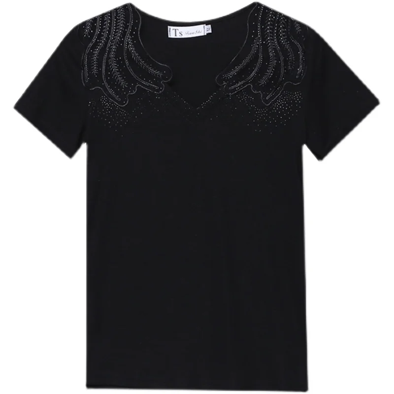 Summer European Style Cotton T-Shirt Chic Sexy V-Neck Shiny Diamonds Spliced Mesh Women Tops Short Sleeve All Match Tees T15206A