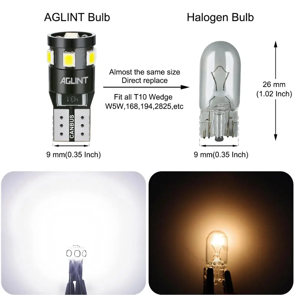 AGLINT 10pcs T10 W5W Led Canbus 오류 없음 194 168 2825 9-SMD 2835 칩셋 자동차 돔지도 도어 트렁크 번호판 조명 흰색 썸네일 5