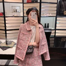 Spring And Autumn New Pink Tweed Female Coat For Women Suits Skirt Elegant Socialite Small Fragrance Wind Suit Two-piece Set