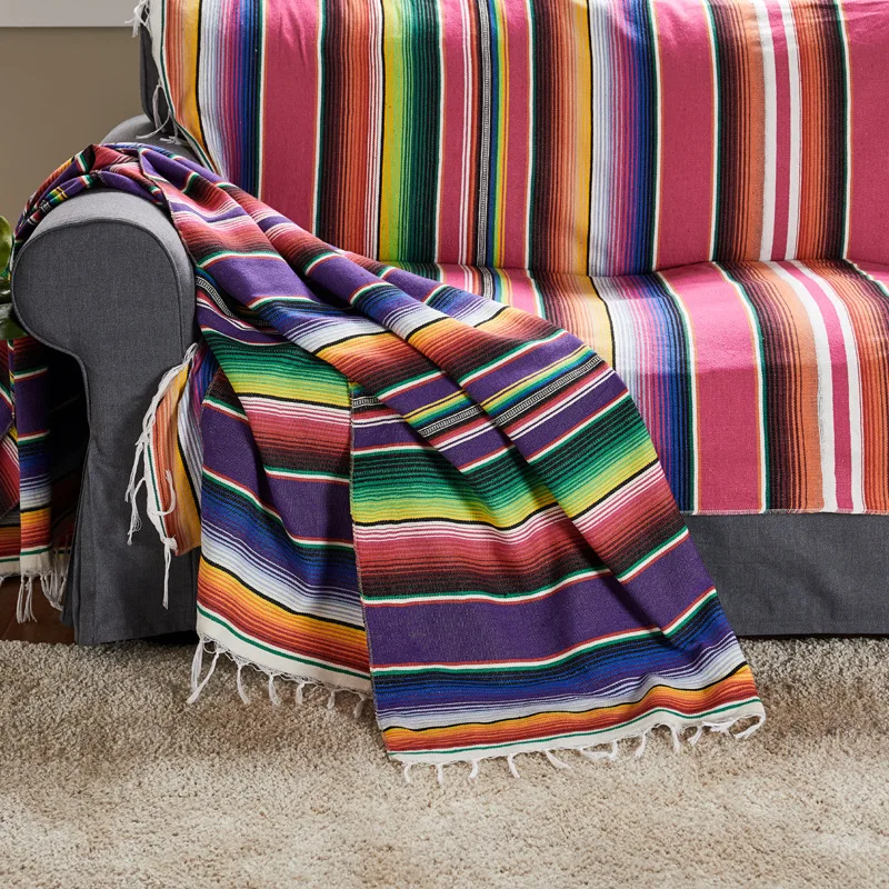 Mexican Style Ranbow Striped Blanket Pure Cotton Sofa for Sofa Bed Plane Travel with Tassel Beach Mat Picnic Mat