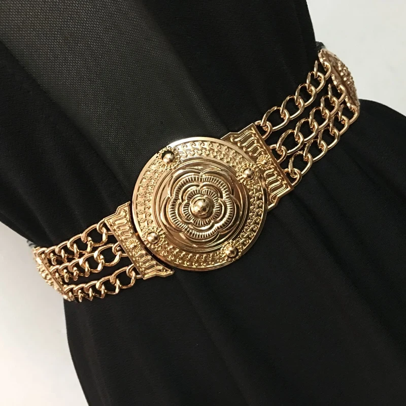 2023 Ladies Floral Elastic Gold Chain Belt Female Waist Golden Metal Flower Designer Belts For Women Dress Stretch Cummerbunds