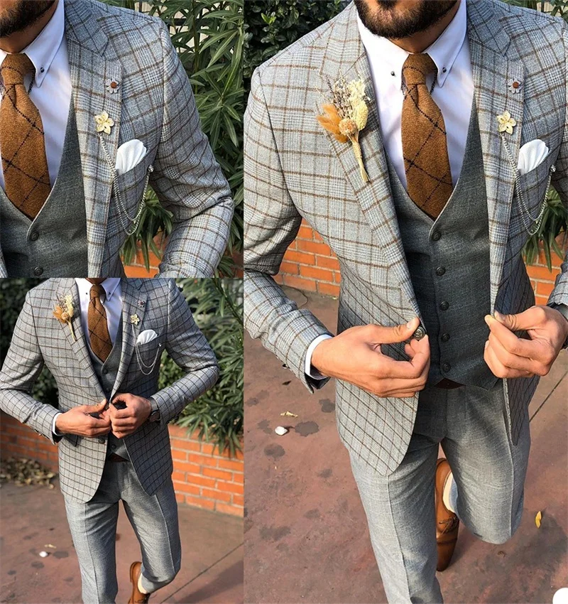 Newest Light Gray Mens 3 Piece Suit Lattice Tailored Fit Wedding Cotton And Polyeste Two Button Mens Business Suits