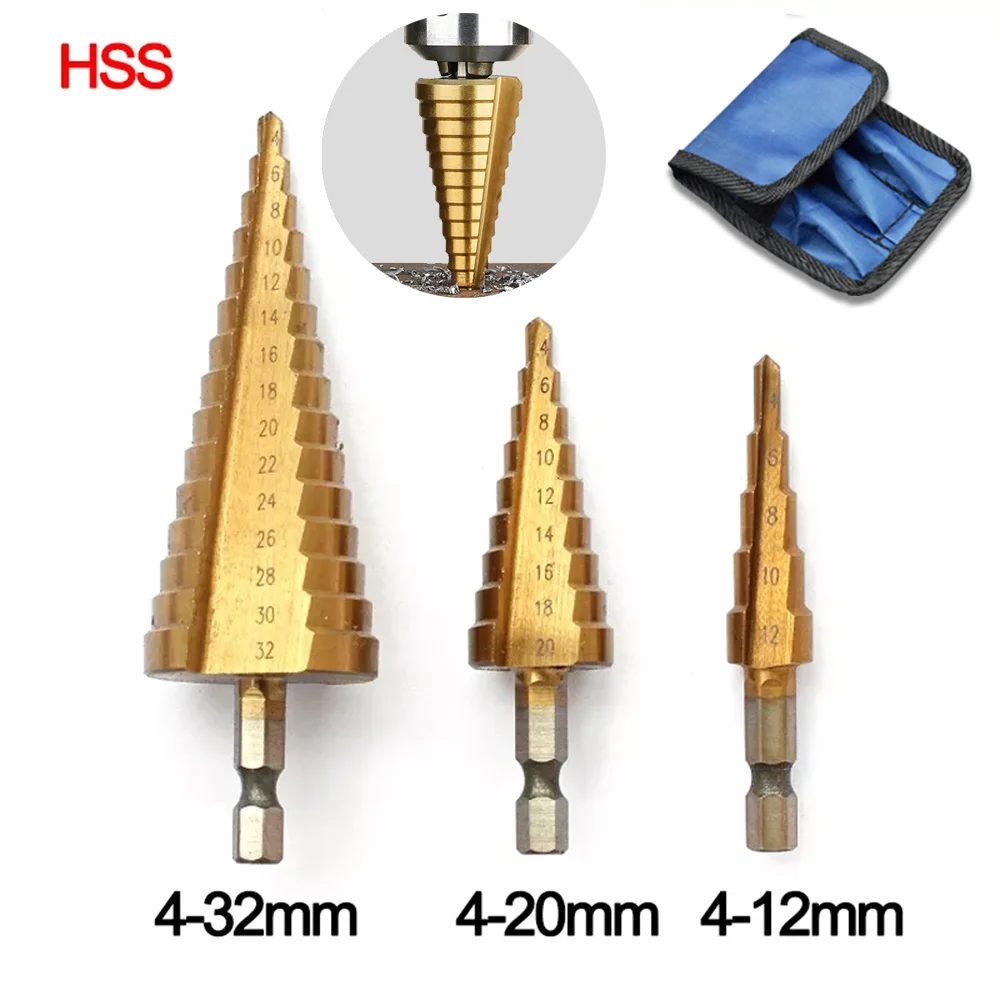 HSS Straight Groove Step Drill Bit 3-12mm 4-12mm 4-20mm 4-32mm Wood Metal Hole Cutter Core Drill Bit Set Variety Of Suit Options