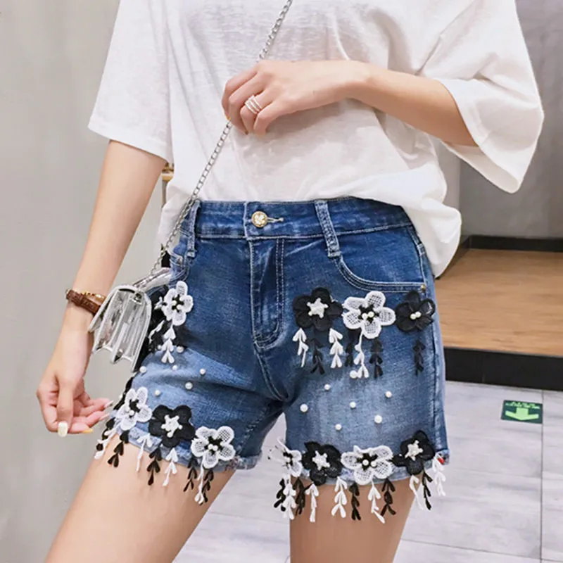 

2019 new large women's new high waist thin nail bead lace wide leg pants loose elastic denim shorts