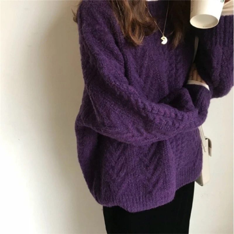 Pullovers Women Vintage Purple Harajuku Simple Ulzzang Trendy Ladies Knitwear Long Sleeve Winter Fall Basic Femme Chic Sweaters