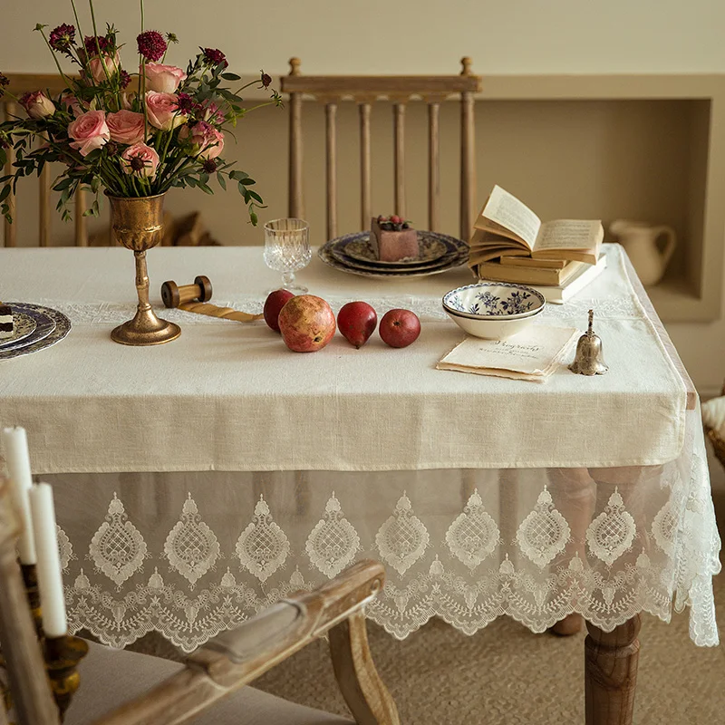 French White Lace Tablecloth Nordic Retro Stitching Rectangular Home Coffee Table Cover Delicate Romantic Tablecloth Wedding