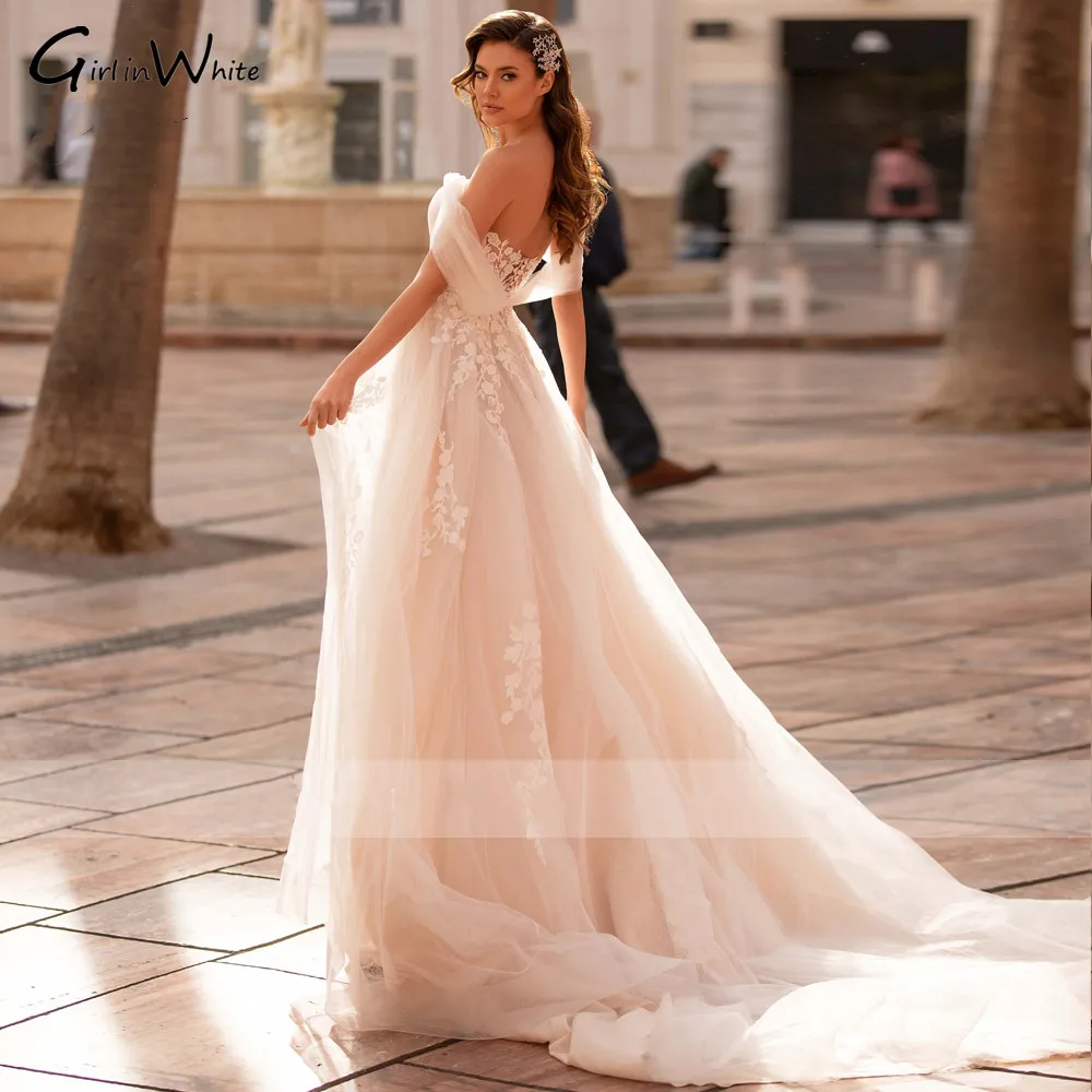 Vestidos De Noiva Romantische Prinses Kant Trouwjurken Sexy Off De Schouder Bridal Dress Applicaties A-lijn Bruid Gown