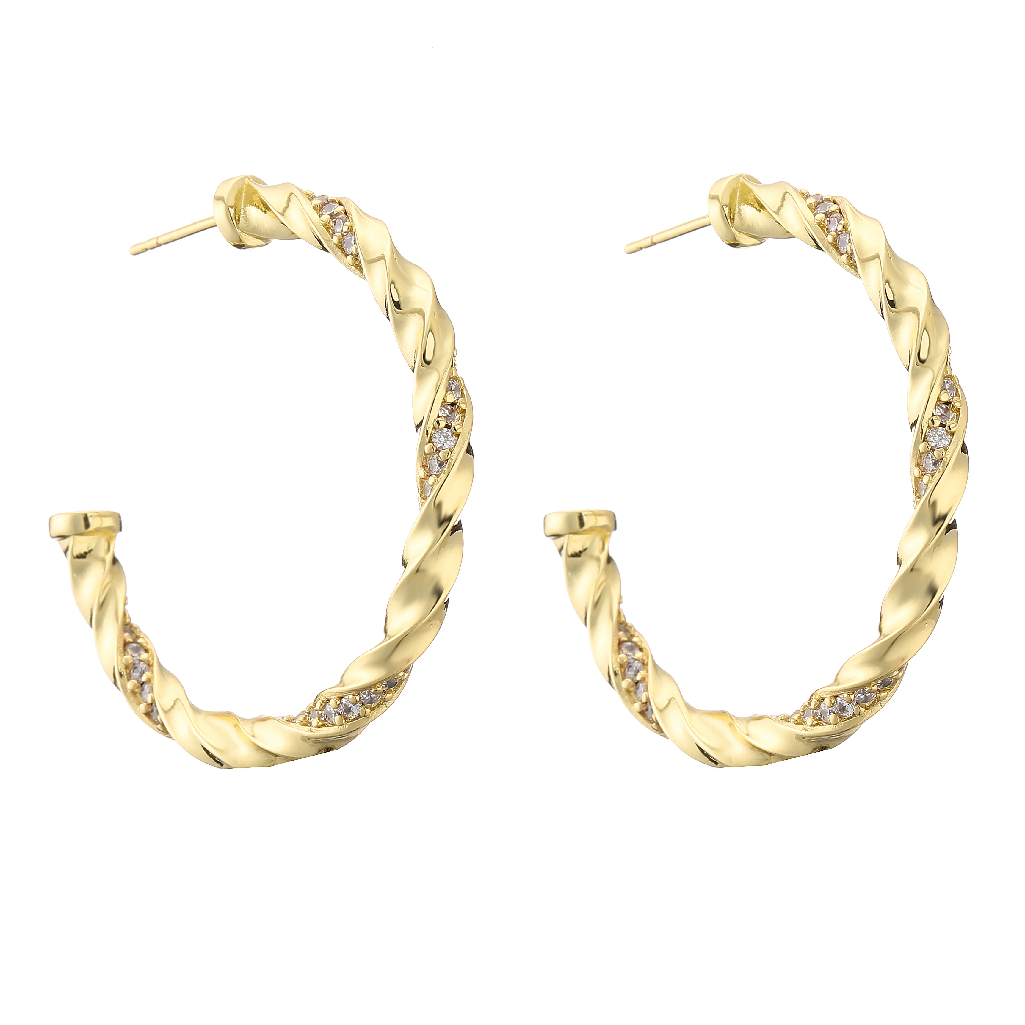 HECHENG,Twisted cz Temperament Women Earrings ,18K Plated Small Big Hoop Brass Ear Stud for Woemn,Wholesale Gift