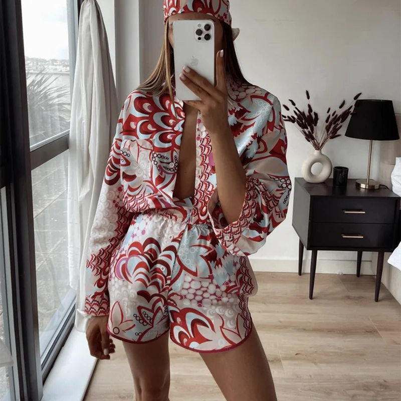 PUWD Elegant Woman Red Print Shirt Suits 2021 Spring Fashion Ladies Indie Folk Suits Ladies Vinatge Vocation Beach Two Piece Set