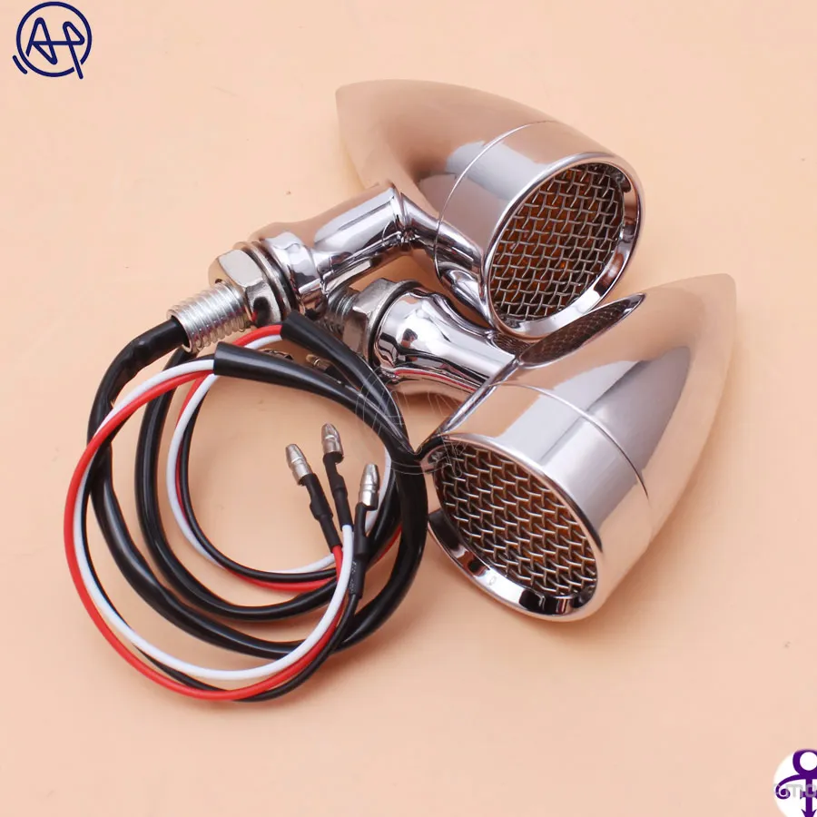 Black/Chrome Motorcycle 12V Amber Mesh Lens LED Turn Signal Brake Light 10mm Aluminum Housing For Chopper Bobber Cafe Racer