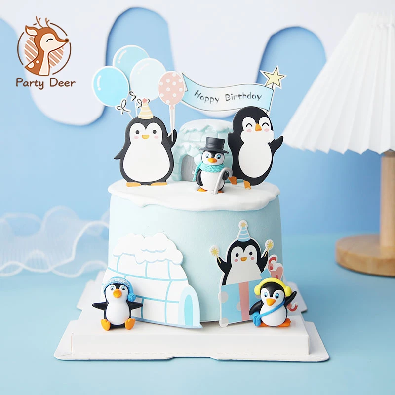 Happy Birthday Cake Topper Penguin Hat Snowflake Igloo Cupcake Toppers Baking DIY Party Flag Baby Shower Cake Decor Xmas Gifts