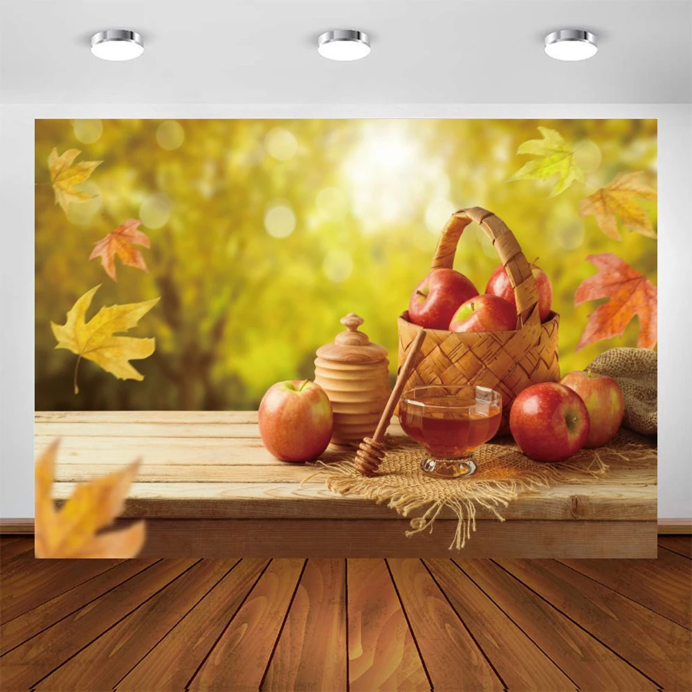 Yeele Jewish New Year Rosh Hashanah Backdrop Photography Vinyl Pomegranate Shofar Honey Autumn Leaves Photographic Background