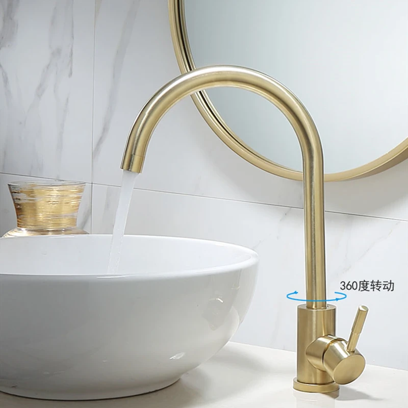 Kitchen Faucets Brushed Gold Stainless Steel Single Handle 360 Rotate Bathroom Washbasin Faucet Cold Hot Water Sink Mixer Taps