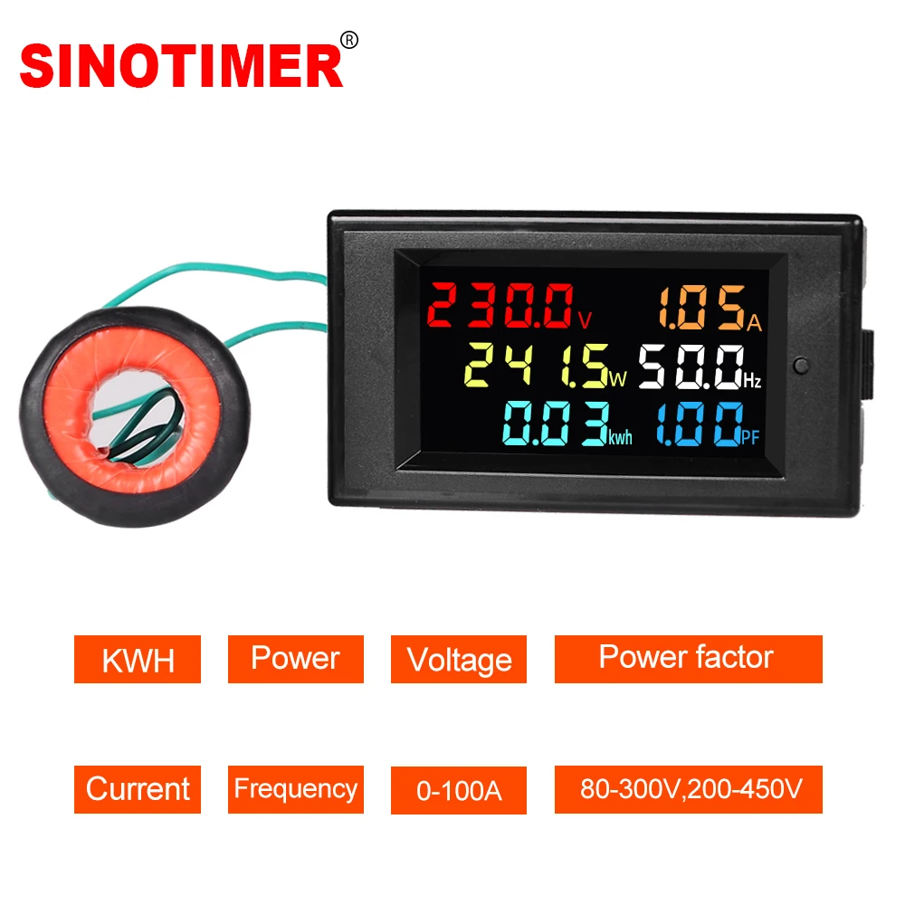 LCD Digital Panel Wattmeter Energy Power Meter Voltage Voltmeter Current Ammeter Frequency Indicator AC 110V 220V 380V 100A