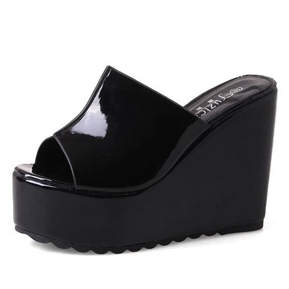 Summer Concise Leather Peep Toe Wedges Slippers Sandals Women Fashion 12 CM High Heels Female Platform Shoes Black White Apricot