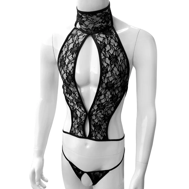 See Through Men Lace Bikini Lingerie Set Sleeveless Sissy Bra Tops with Crotchless G-string Thong Underwear Gay Sexy Panties