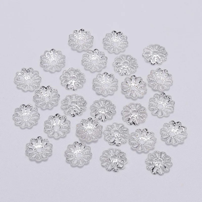 200Pcs 7/8mm Hollow Flower Petal End Caps Silver Plated Jewelry Findings Spacer Beads Needlework for Diy Jewelry Making Supplies