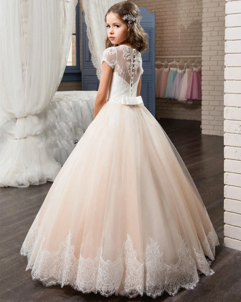 Champagne Tulle Bloem Meisje Jurken Voor Wedding Korte Mouw Junior Bruidsmeisje Kids Birthday Party Princess Gown Eerste Communie