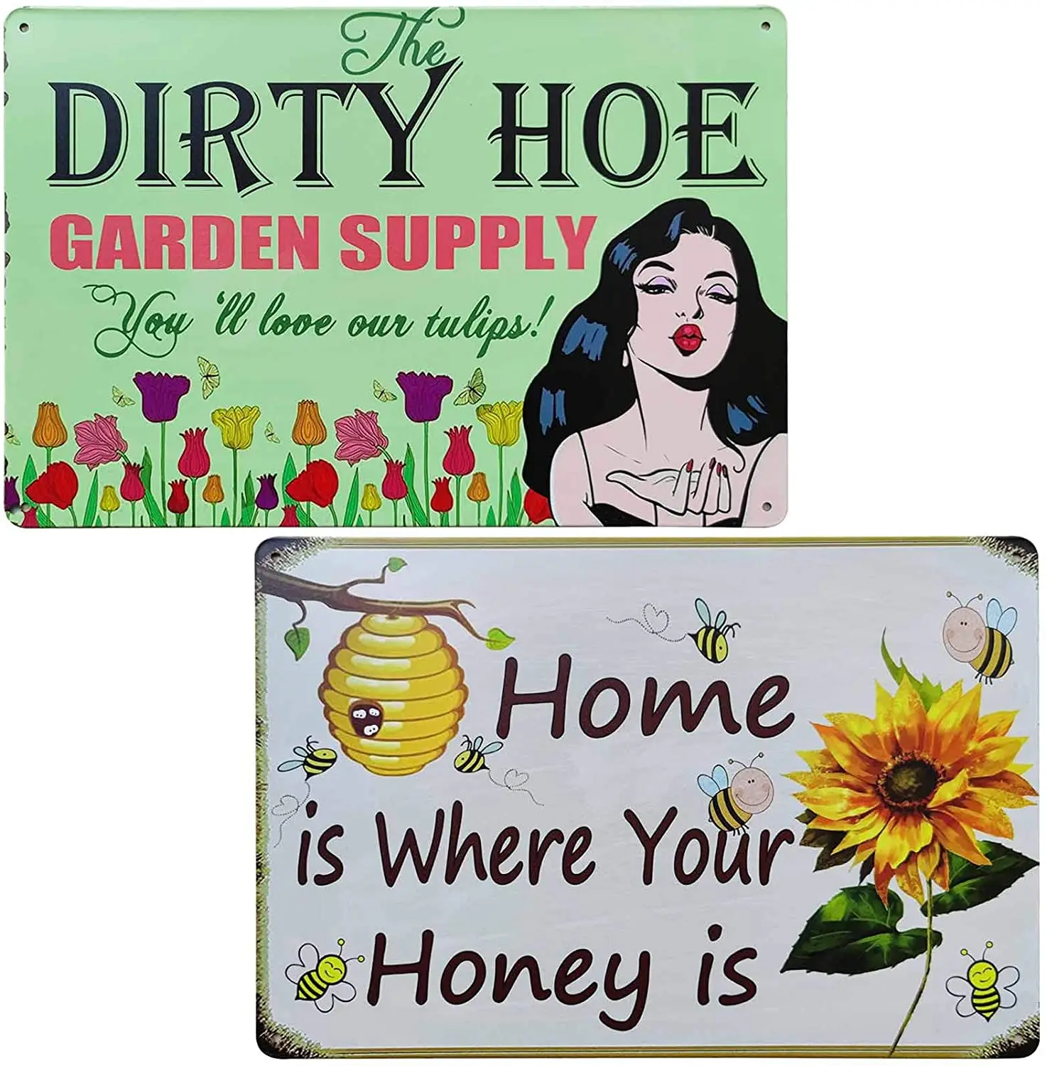 TISOSO The Dirty Hoe Garden Supply & Bee Happy Vintage Sunflower Metal Sign Garden Decorative Plaque Farmhouse Country Home