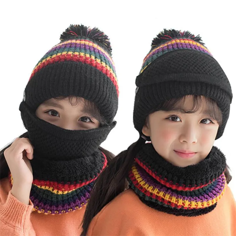 Winter Girls Hat And Scarf Set Child Warm Plush Knit Pom Pom Cap Scarves With Mask Big Kids Stripe Circular Scarf Hat  5-12T