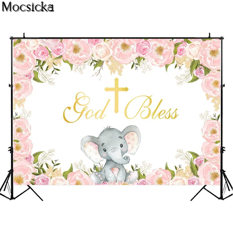 Mocsicka Baby Dusche Kulissen Gott Segnen Neugeborenen Baby Taufe Elefanten Kind Geburtstag Porträt Party Foto Hintergrund Photo