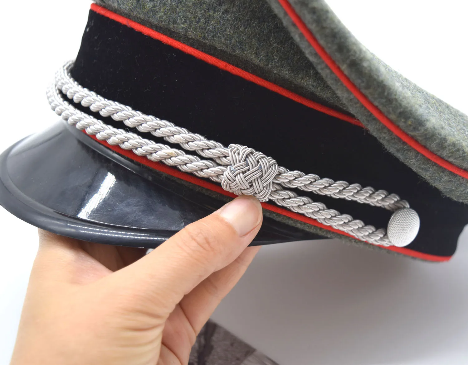 REPLICA WW2 WWII GERMAN ELITE OFFICER WOOL HAT CAP W RED PIPE SILVER CHIN CORD Military War Reenactments