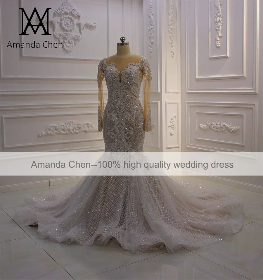 Amanda Novias Lace Appliques Glitter Champagne Wedding Dress Mermaid