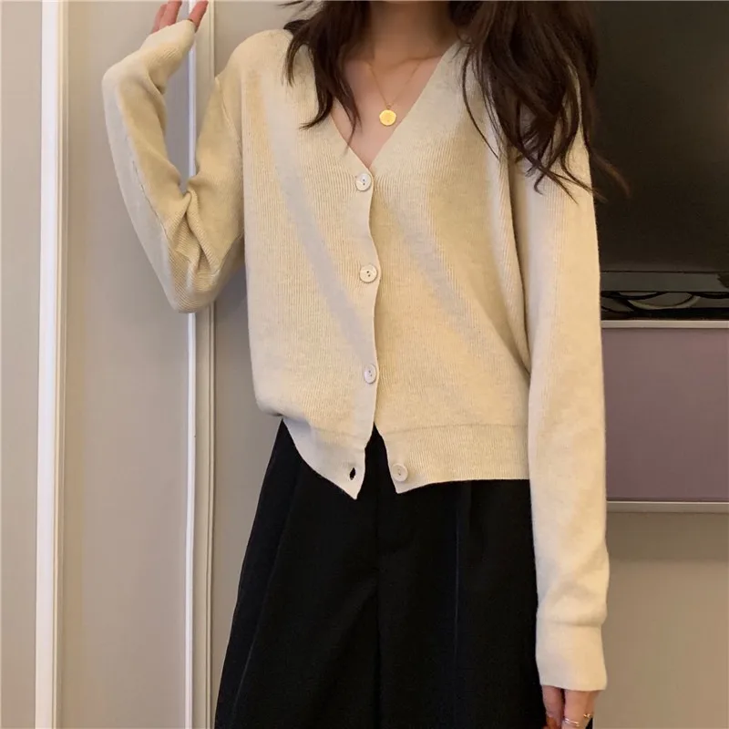 Women Long Sleeve Sunscreen Cardigan Knitted V-Neck Sweater Korean Style Solid Color Cardigans Jacket Tops All Season