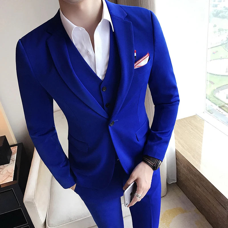 

Royal Blue Men Suits Young Man Notched Lapel Three Pieces Slim Suits For Men Formal Men Suits (Jacket+Vest+Pants)